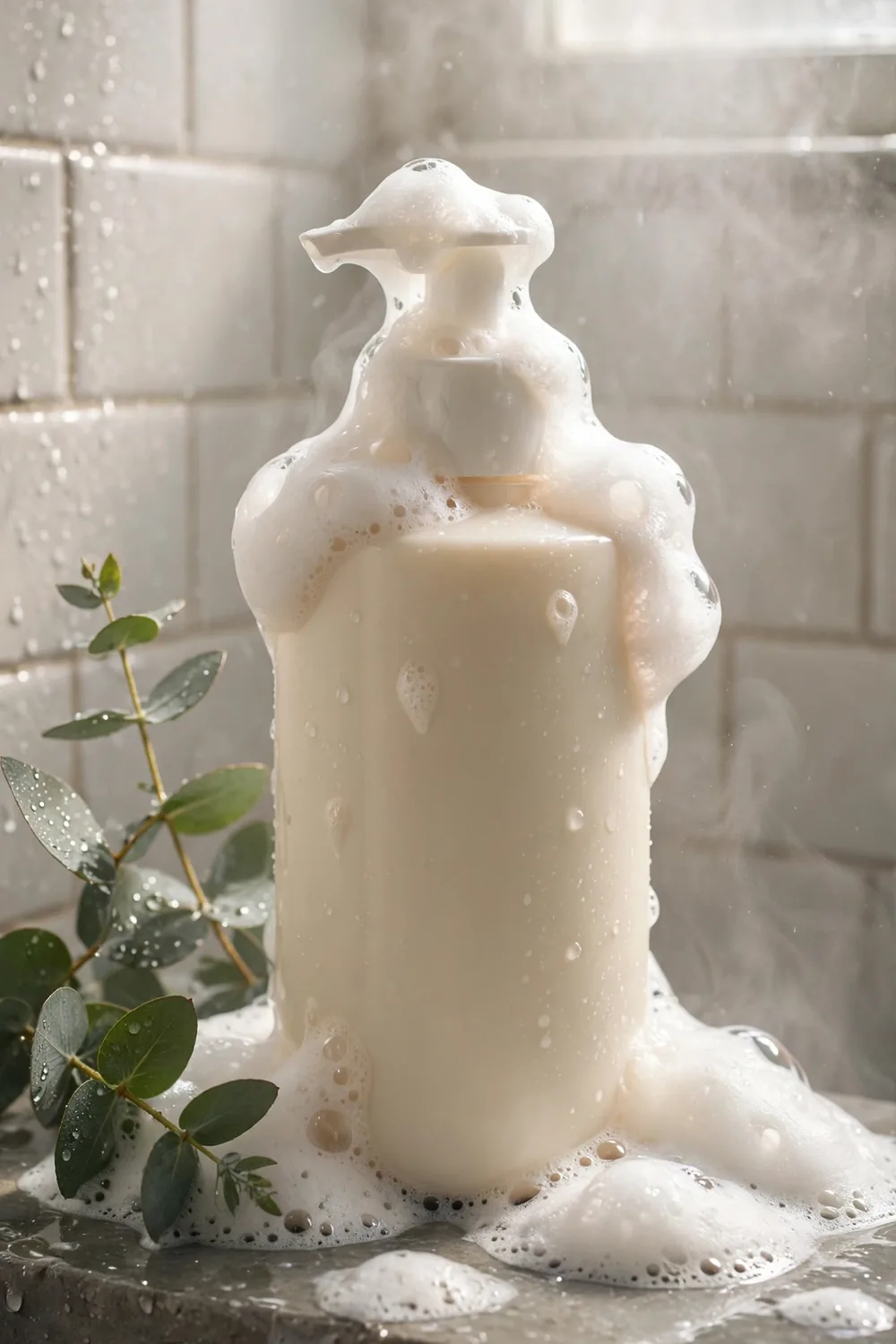 Gentle creamy body wash bottle in a steamy winter shower