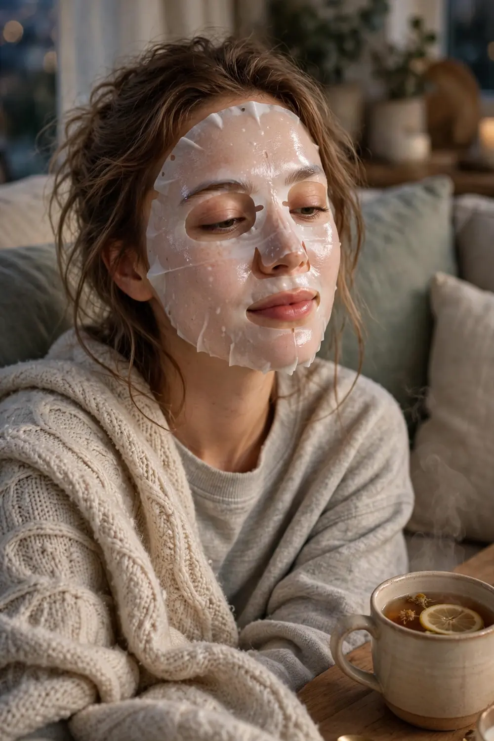 Woman relaxing with a hydrating sheet mask on a cozy winter evening