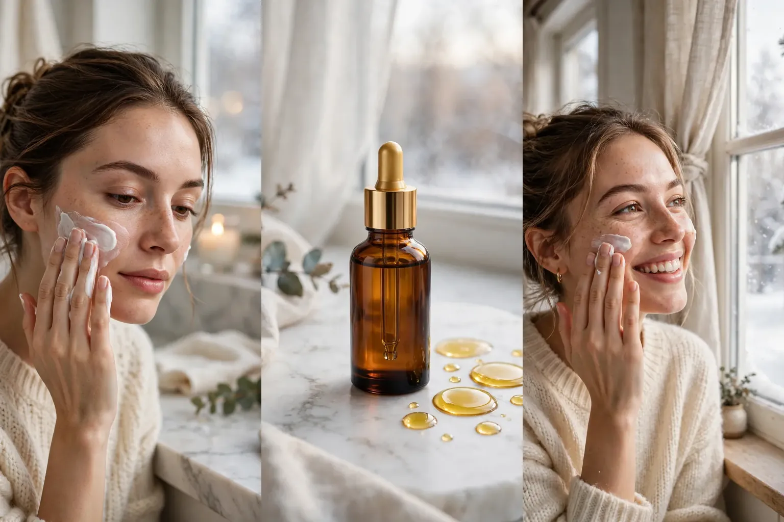 Collage of three winter skincare essentials for glowing skin