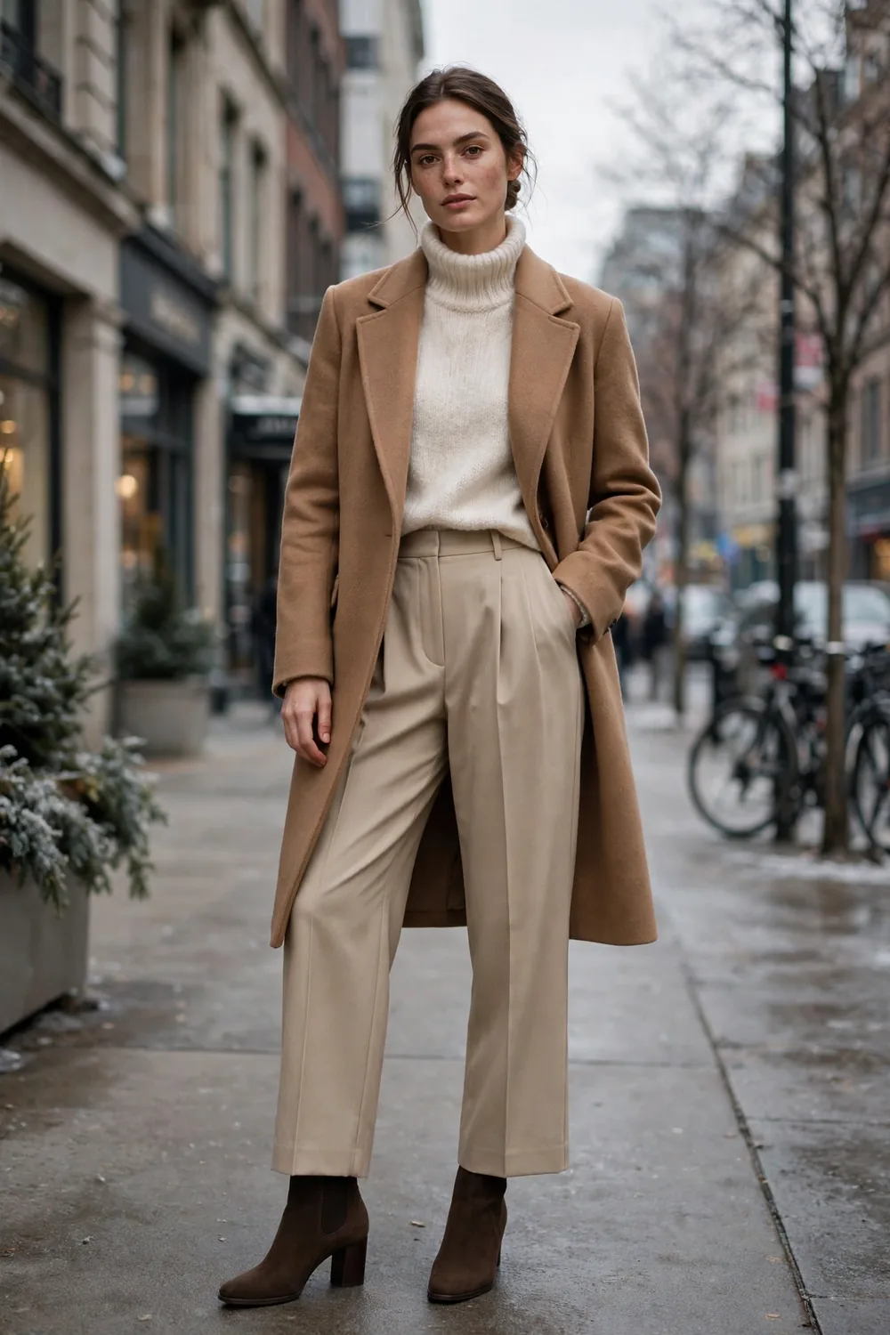 Woman in a camel wool coat over a cream roll neck with pleated beige trousers and heeled ankle boots