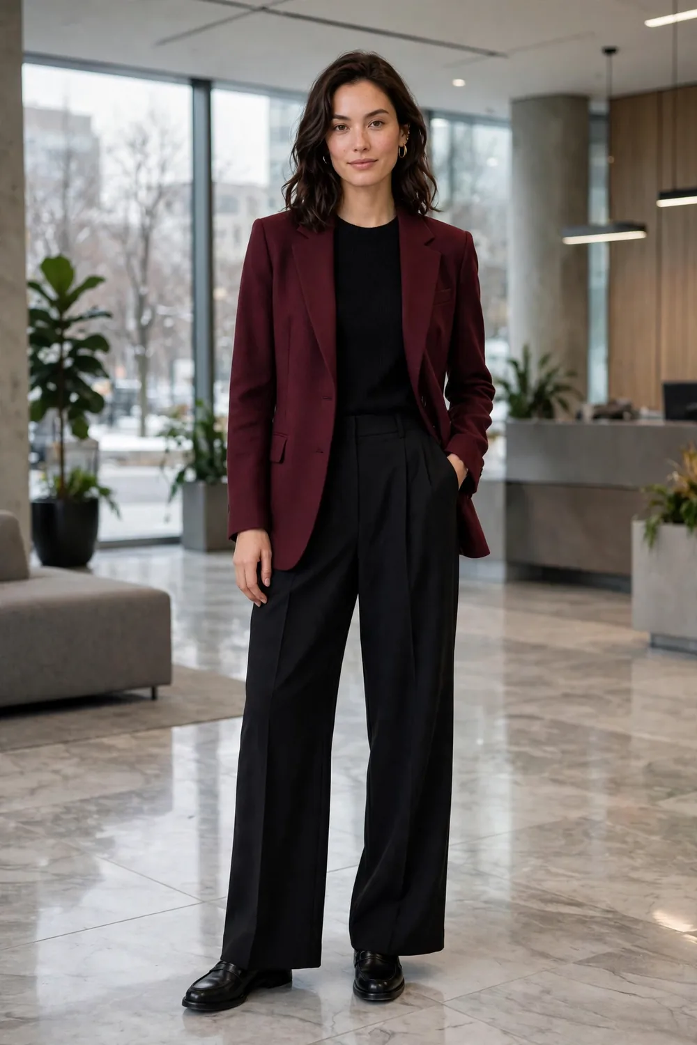 Woman in a wine colored blazer with a black knit top and black wide leg trousers and loafers
