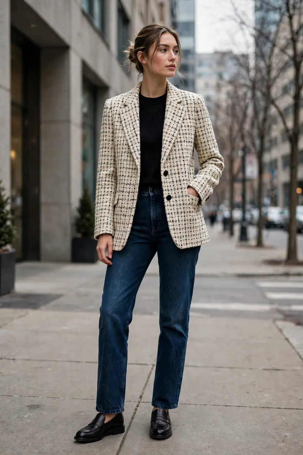 Woman in a cream and black tweed blazer with dark rinse straight jeans and black loafers