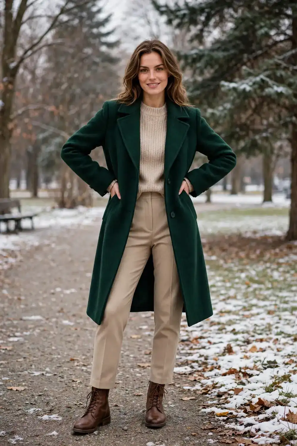 Woman in a deep green wool coat with beige knit and beige trousers and brown boots