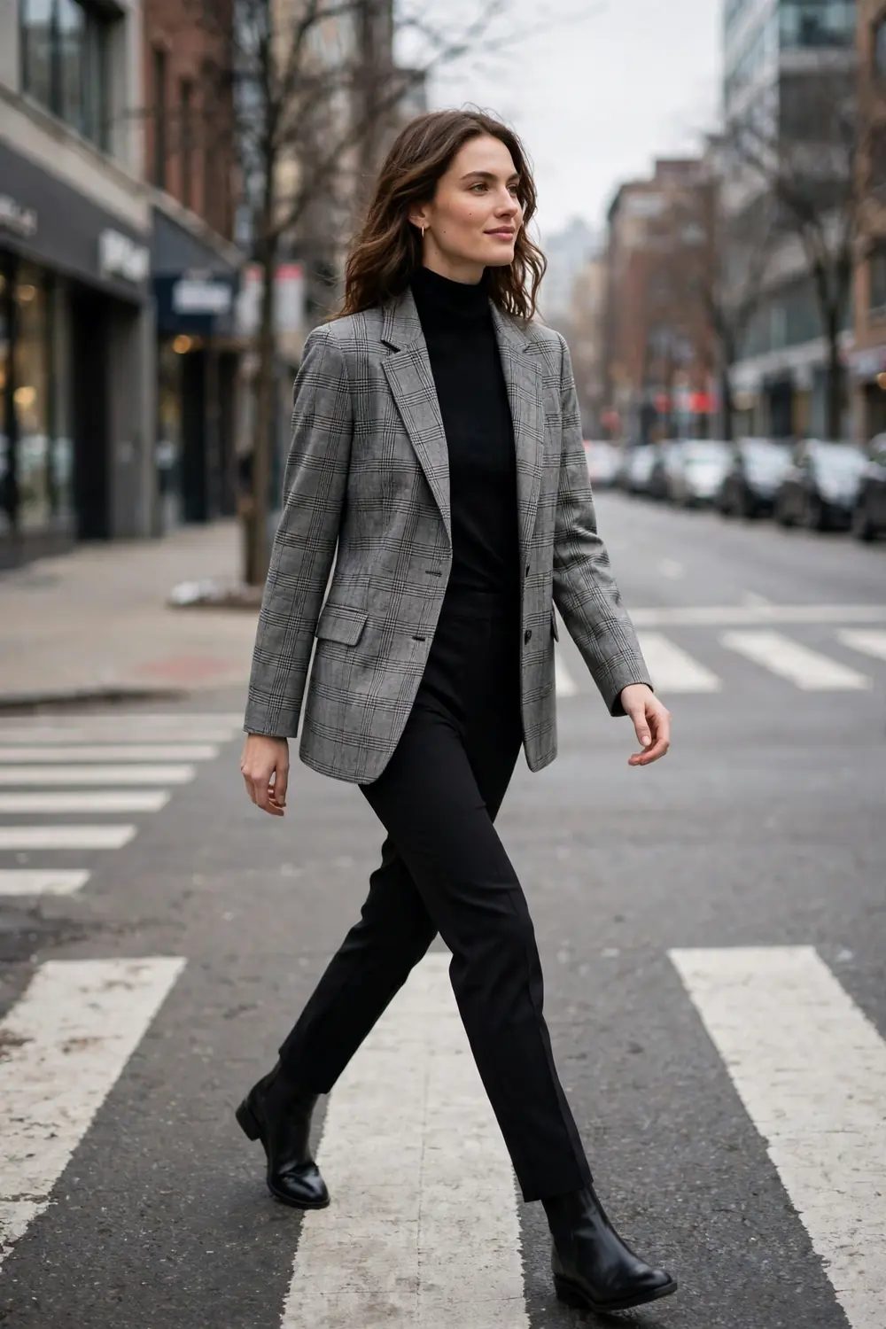 Woman in a grey windowpane check blazer with a black turtleneck and black trousers