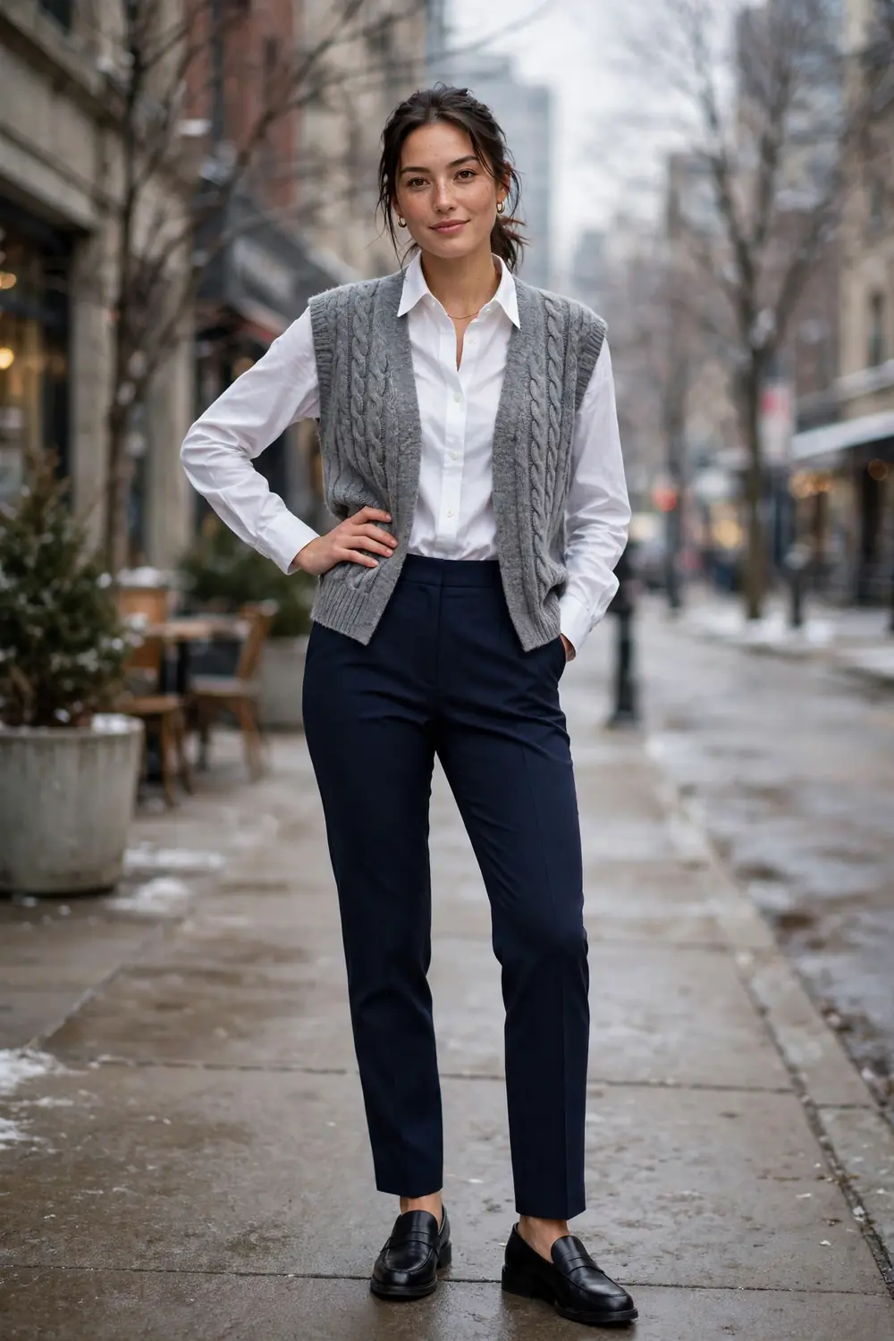 Woman wearing a white button down shirt with a grey knit vest and navy tailored trousers