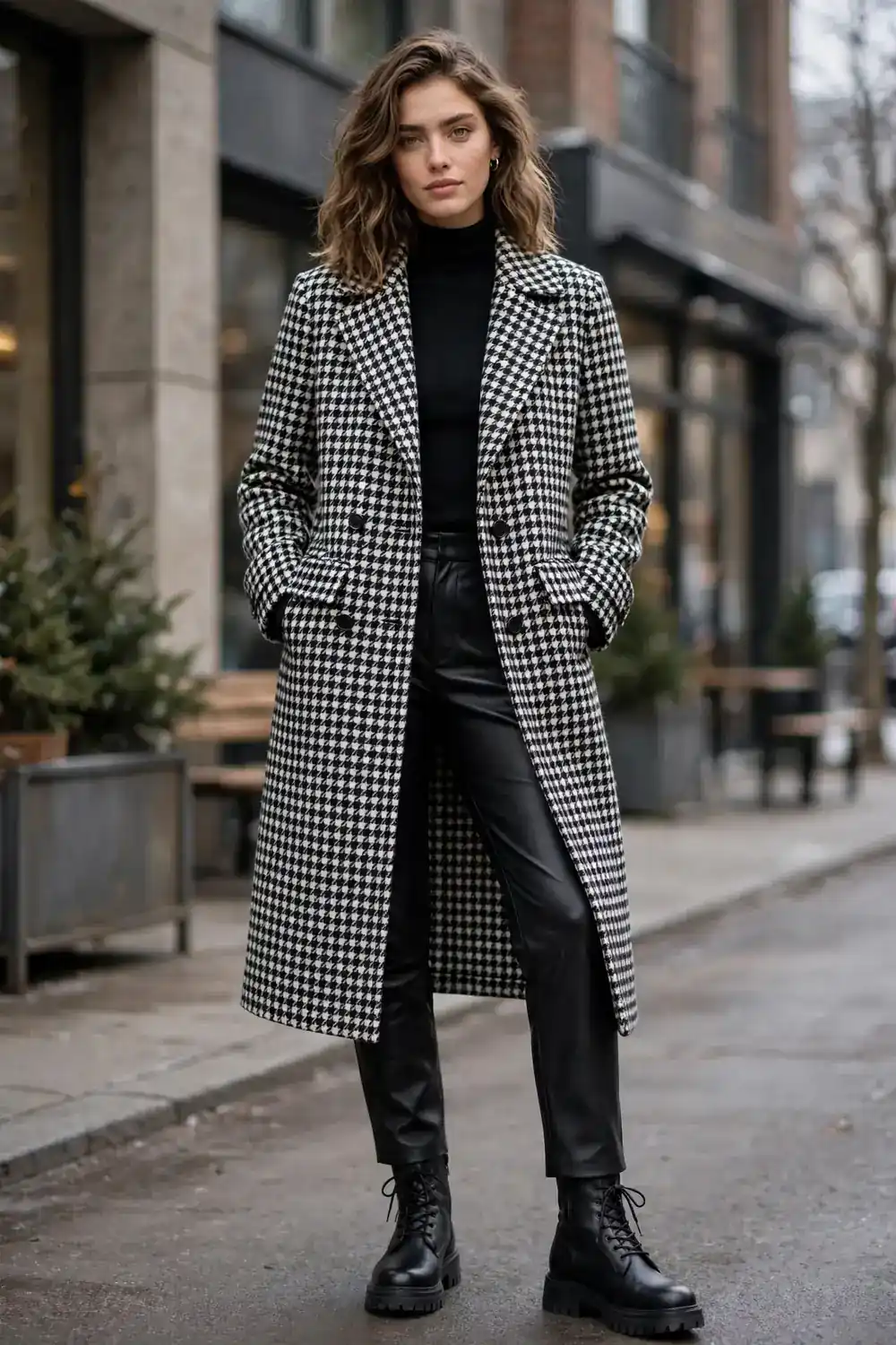 Woman in a black and white houndstooth long coat with black leather look trousers and boots