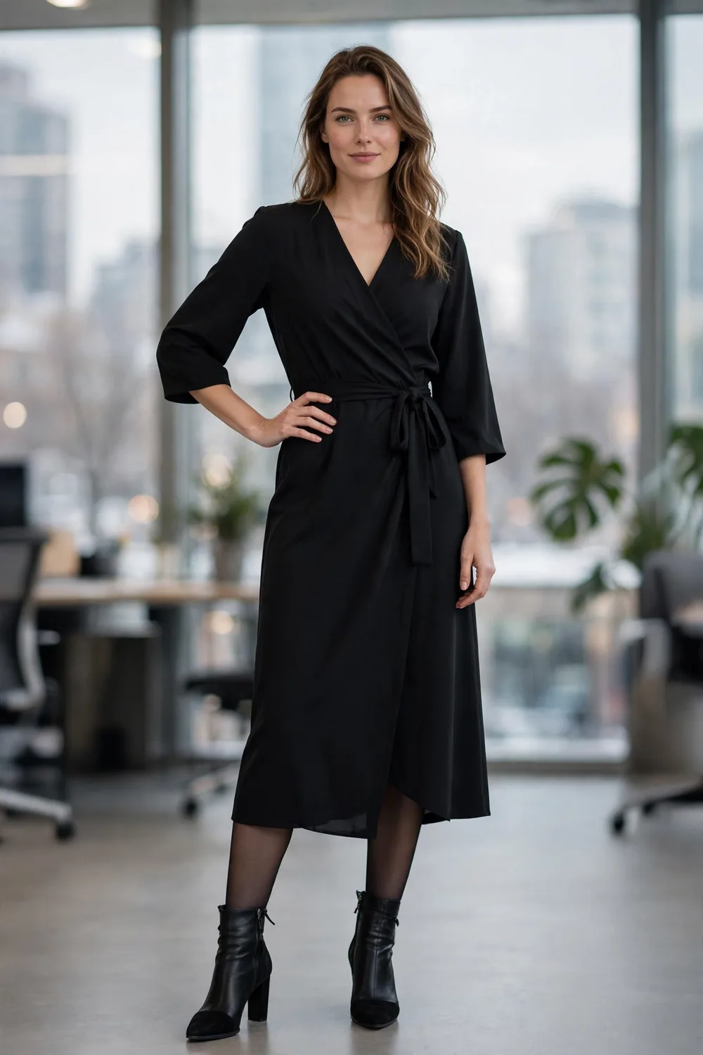 Woman in a black wrap midi dress with sheer tights and heeled ankle boots