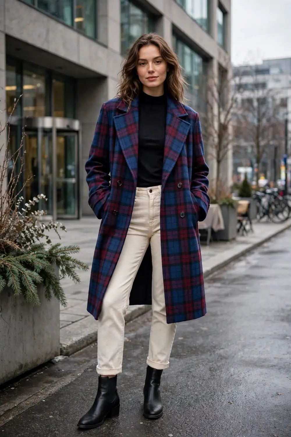 Woman in a blue and burgundy check coat with cream jeans and black ankle boots