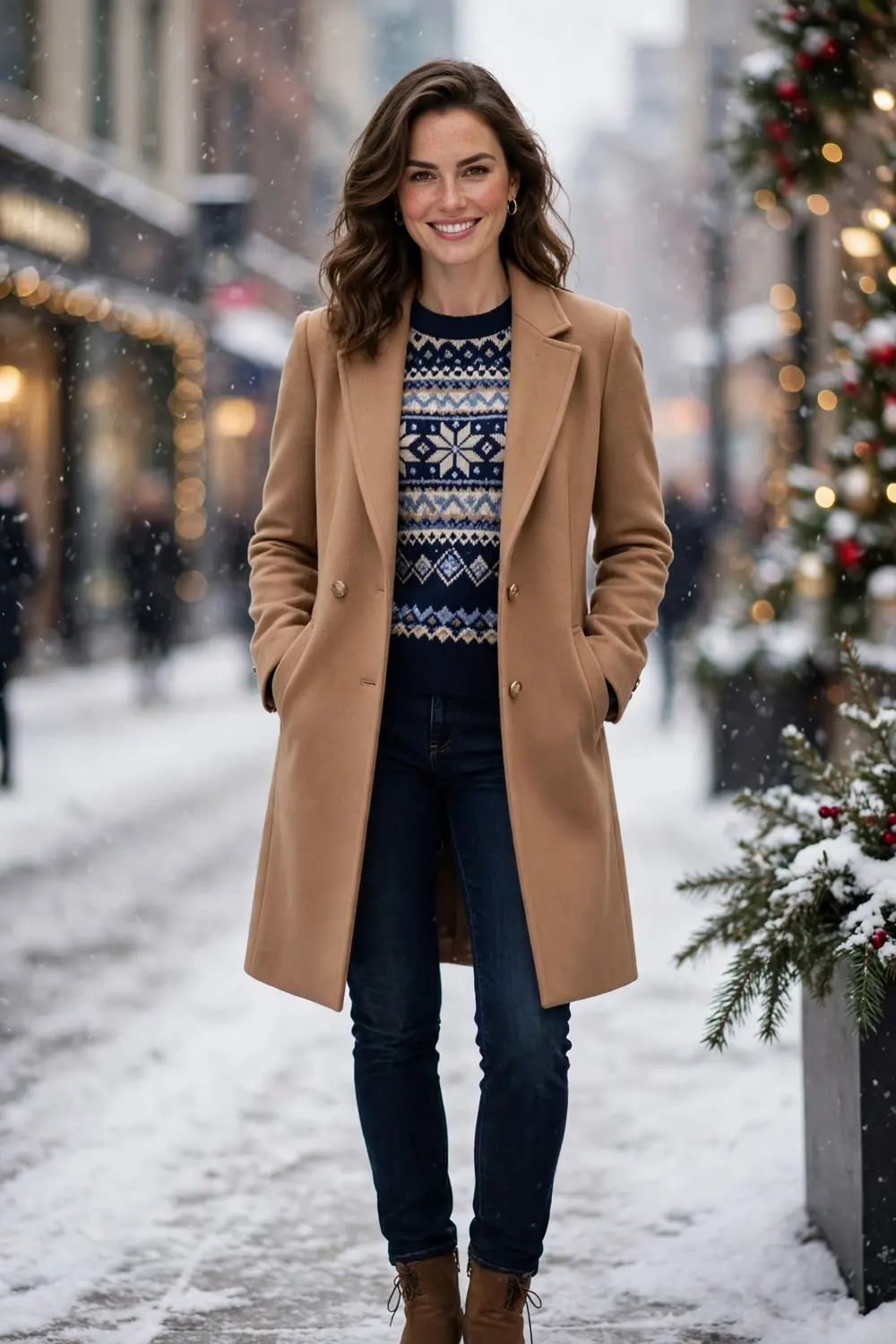 Woman in a navy fair isle sweater under a camel structured coat with dark jeans