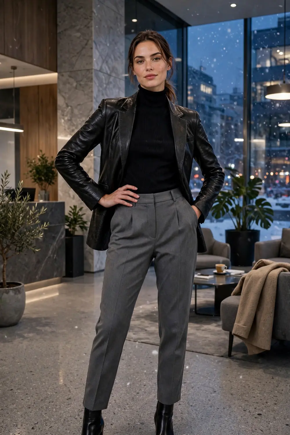 Woman in a black leather blazer with a black turtleneck and grey tailored trousers
