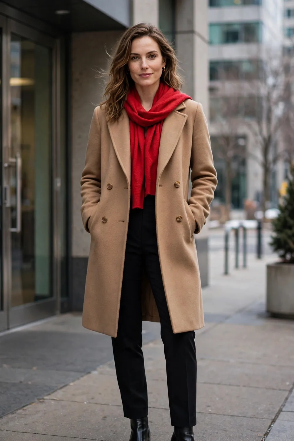 Woman in a classic tan coat with a red scarf and black trousers