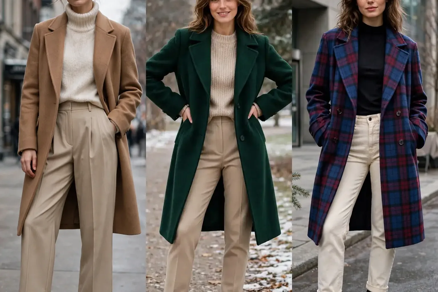 Three-panel collage of polished winter work outfits: a camel coat over a cream turtleneck with beige trousers, a forest green coat over a cream knit, and a blue and burgundy check coat over a black top